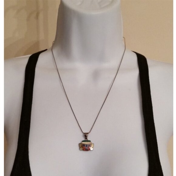 Peruvian Inca Gemstone Tribal Face Inlay Pendant  950 silver purity - Picture 3 of 6